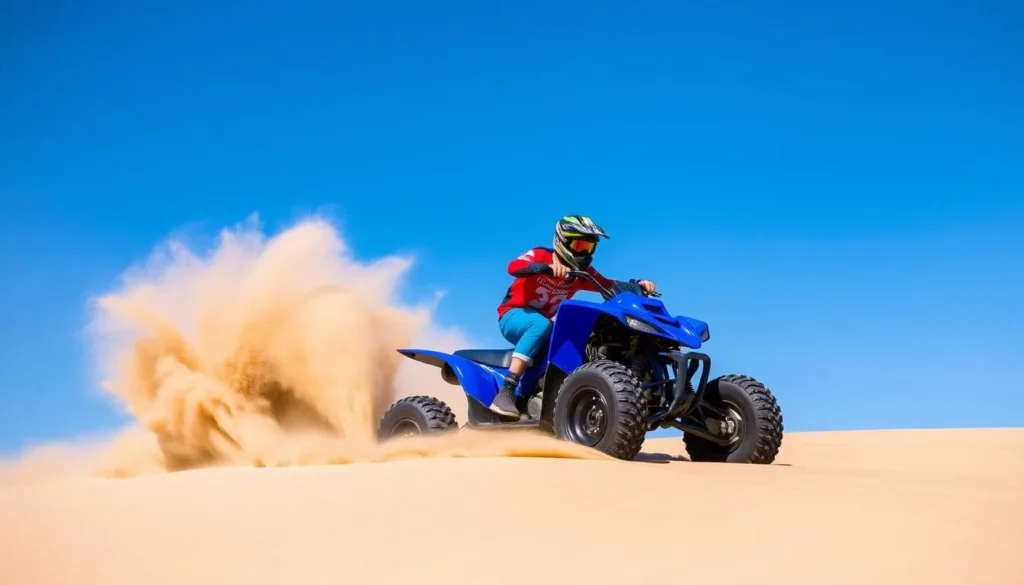 An ATV rider navigating through the tall dunes