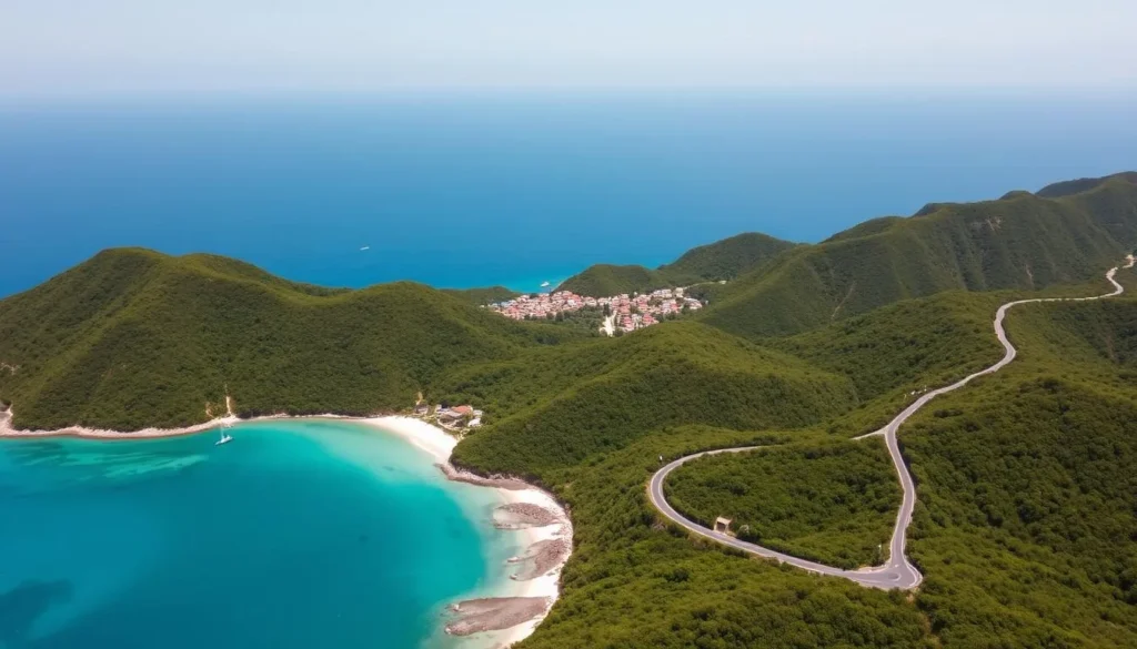 An aerial view of Con Dao Island, Vietnam, on a clear sunny day. The lush, verdant landscape is dotted with pristine, white-sand beaches and crystal-clear turquoise waters. In the foreground, a winding coastal road leads through the hilly terrain, offering breathtaking vistas of the island's natural beauty. In the middle ground, a small fishing village nestles between the hills, its colorful houses and boats reflecting the vibrant local culture. The background is dominated by the vast, blue expanse of the East Sea, with distant, hazy mountains on the horizon. The scene is bathed in warm, golden light, creating a serene and tranquil atmosphere.