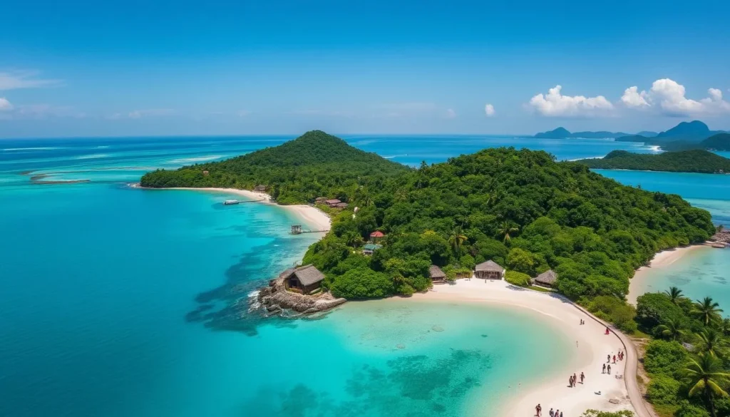 An aerial view of Koh Rong Island, Cambodia, on a bright, sunny day. The tropical paradise is surrounded by turquoise waters and fringed with white sandy beaches. Lush, verdant jungle covers the interior, dotted with colorful bungalows and rustic resorts. In the foreground, a group of travelers explore the island, walking along a winding path or relaxing on the shore. The scene is captured with a wide-angle lens, showcasing the island's stunning natural beauty and the tranquil, laid-back atmosphere perfect for a relaxing island getaway.