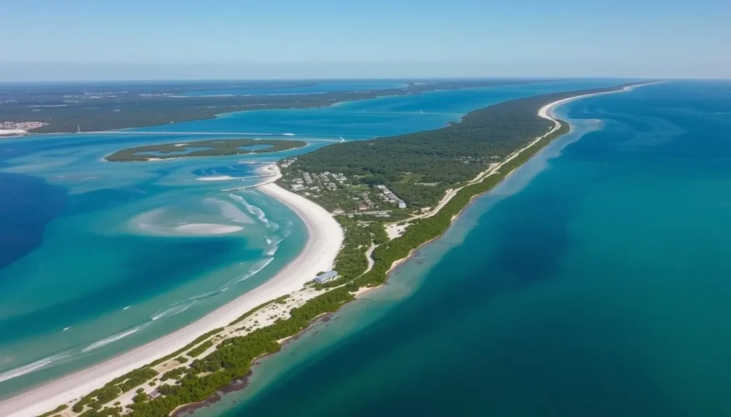 An aerial view of Topsail Island, showcasing its pristine beaches and surrounding waters.