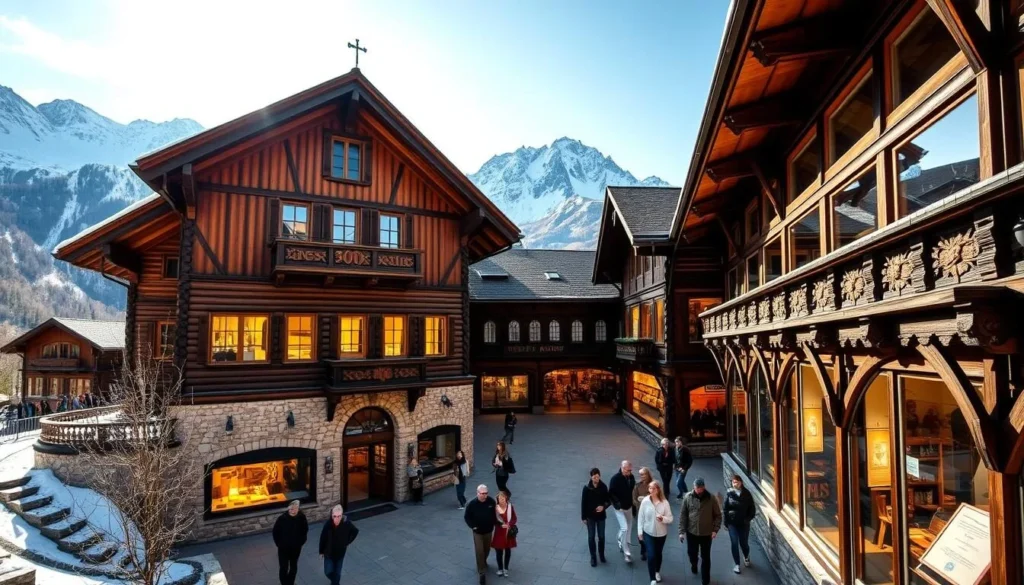 An alpine museum nestled amid snow-capped peaks, its traditional wooden façade glowing in the warm sunlight. Visitors strolling through the peaceful courtyard, admiring the intricate carvings and architectural details. Inside, the galleries showcase the region's rich cultural heritage, with displays of ancient artifacts, traditional costumes, and interactive exhibits that immerse guests in the history and traditions of the Swiss Alps. The museum's expansive windows frame breathtaking vistas of the surrounding mountains, creating a seamless blend of indoor and outdoor spaces. A serene and contemplative atmosphere pervades the scene, inviting exploration and a deeper appreciation for the alpine landscape and its people.