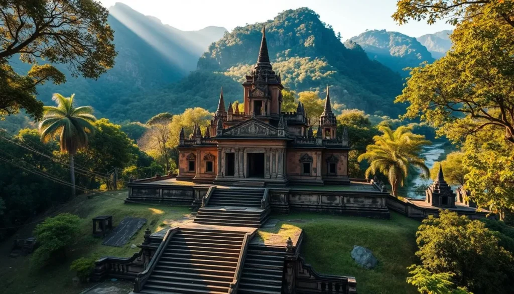 An ancient temple complex nestled amidst lush greenery, surrounded by towering mountains near the city of Battambang, Cambodia. The main temple structure is built from weathered sandstone, its intricate carvings and spires casting long shadows across the well-worn steps leading up to the entrance. The grounds are dotted with smaller shrines and structures, some partially reclaimed by the encroaching vegetation. Warm, golden sunlight filters through the canopy of trees, creating a serene and contemplative atmosphere. In the distance, the sound of a flowing river can be heard, adding to the tranquil ambiance. The scene evokes a sense of timeless history and the enduring spirit of this ancient land.