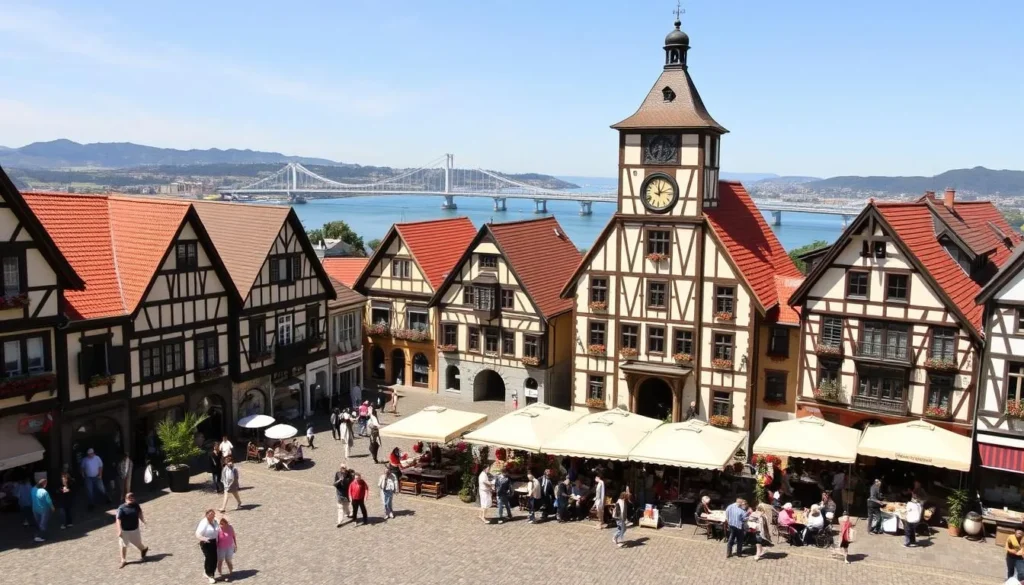 An early 20th century German-style town square in Valdivia, Chile, on a sunny day. The center features a grand clocktower with a bell cupola, surrounded by quaint half-timbered buildings with gabled roofs, ornate facades, and flower boxes in the windows. In the foreground, a cobblestone plaza is bustling with locals and tourists strolling, dining at outdoor cafes, and browsing artisan shops. In the background, the Calle-Calle River flows peacefully, with the iconic Valdivia bridges visible in the distance. The scene has a warm, nostalgic atmosphere that celebrates Valdivia's well-preserved German architectural heritage.