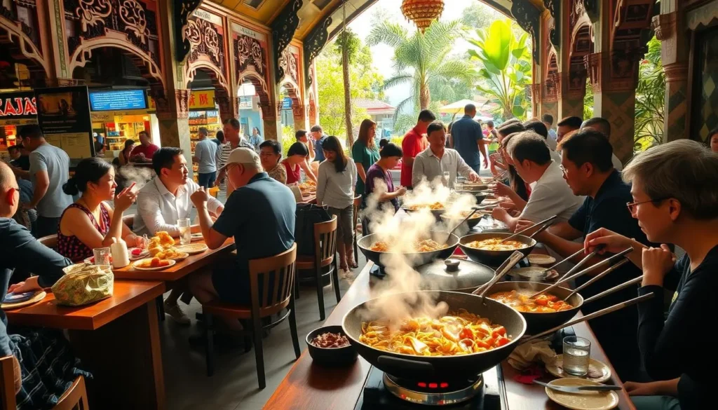 An elegant dining experience in a bustling Singapore hawker center. A vibrant, colorful scene with an array of local delicacies laid out on wooden tables. Sizzling woks filled with aromatic noodles and curries, steam rising gently. Lively chatter and the clink of tableware fill the air. Sunlight streams in, casting a warm glow over the diverse clientele - families, friends, and curious tourists savoring the incredible flavors of this multicultural culinary haven. Intricate architectural details and greenery in the background, creating a harmonious blend of urban and natural elements. Capture the essence of Singapore's extraordinary dining experience.