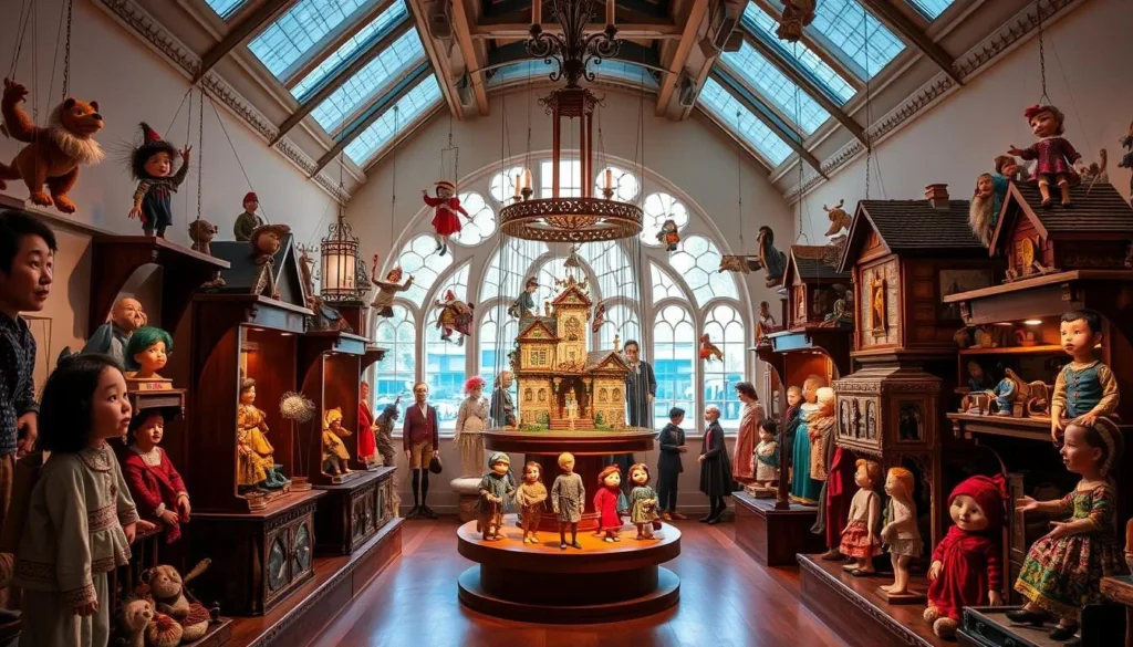 An enchanting image of the Swiss Puppet Museum's interior, showcasing a variety of puppets on display.