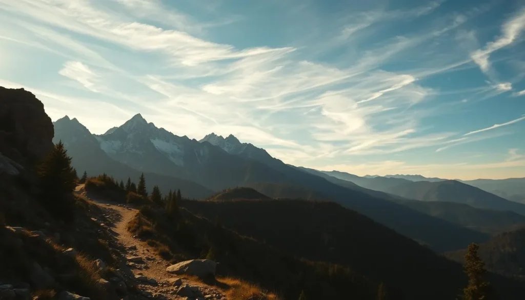 An epic mountain landscape in the Silverado Mountains of California, bathed in warm golden light. In the foreground, a rugged hiking trail winds through verdant forests and rocky outcroppings. In the middle ground, majestic snow-capped peaks rise up, their jagged silhouettes casting dramatic shadows across the scene. The background is dominated by a vast, azure sky with wispy clouds drifting lazily overhead. The overall mood is one of adventure, challenge, and the overwhelming grandeur of nature. Shoot this scene with a wide-angle lens to capture the scale and drama of the setting, using a high-contrast, cinematic lighting setup to accentuate the depth and texture of the environment.
