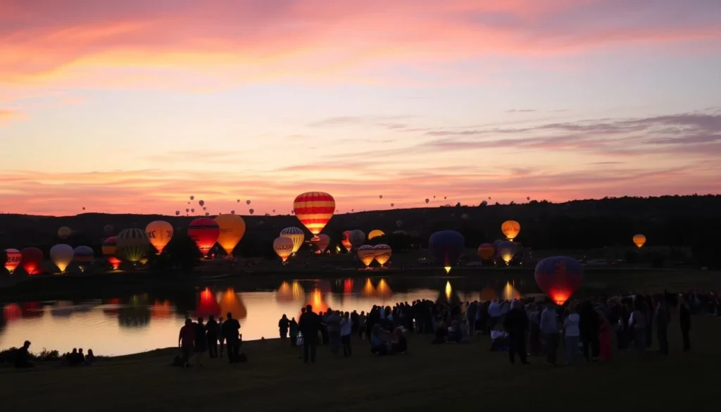 An evening landscape of the Annual Balloon Glow event in Lincoln County, Missouri. The sky is a vibrant gradient of oranges and pinks as the sun sets, casting a warm glow over the scene. Dozens of brightly colored hot air balloons are inflated and illuminated, their reflections dancing on a still lake in the foreground. In the middle ground, families and spectators gather around, enjoying the serene atmosphere and marveling at the captivating display. The background features rolling hills and lush trees, creating a picturesque, peaceful setting for this annual community celebration.