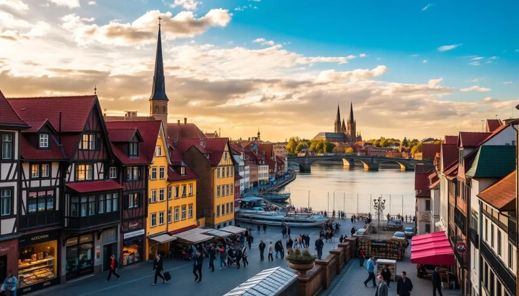 An expansive cityscape of Basel, Switzerland, set against the backdrop of the majestic Rhine River. Picturesque medieval architecture, with iconic red-roofed buildings and spires, lines the riverbanks. In the foreground, pedestrians stroll along the quaint cobblestone streets, admiring the vibrant window displays and local vendors. Warm, golden sunlight filters through the clouds, casting a tranquil glow over the scene. In the distance, the towering Münster cathedral and ancient city walls stand as testaments to Basel's rich cultural heritage. The overall atmosphere conveys a sense of timeless charm and urban sophistication, inviting the viewer to explore this captivating Swiss city.