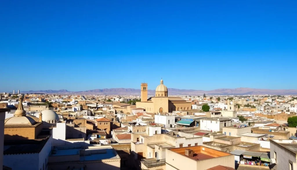 An expansive cityscape of Fes, Morocco, with the iconic domed roofs and minarets of the Old Medina rising against a clear azure sky. Intricate alleyways wind through the historic quarters, where merchants hawk their wares from vibrant souks. In the foreground, pedestrians meander past whitewashed buildings, while the middle ground features the dramatic silhouette of the Bou Inania Madrasa, its ornate stone facade bathed in warm, golden light. The distant Rif Mountains loom on the horizon, adding depth and grandeur to the scene. Capture the timeless elegance and cultural essence of this ancient Moroccan city.