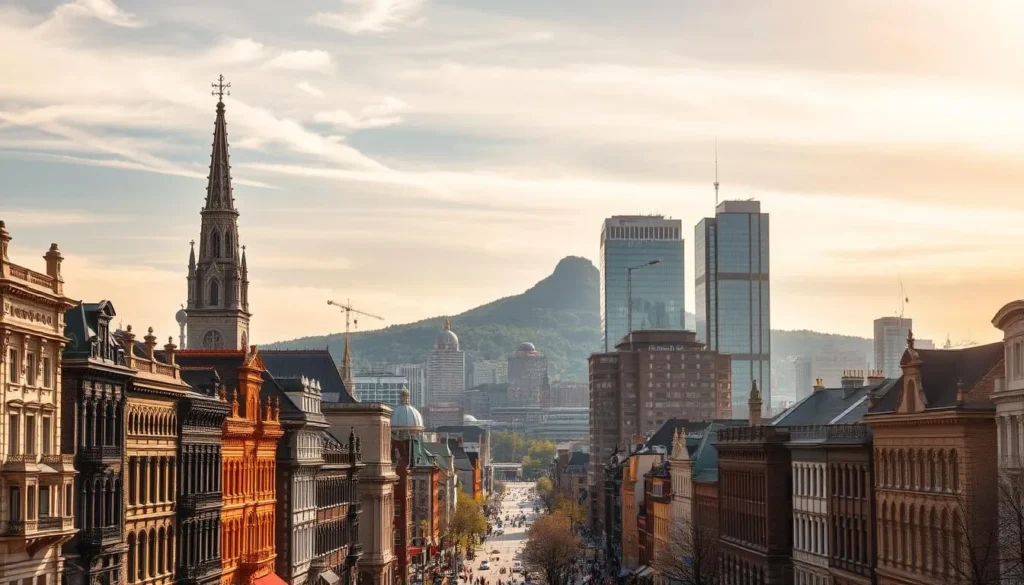 An expansive cityscape of Montreal, showcasing its distinct architecture and lively atmosphere. In the foreground, bustling streets lined with historic buildings, their facades adorned with intricate details. The middle ground features the iconic steeples of Notre-Dame Basilica and the sleek glass towers of the modern business district, creating a harmonious blend of old and new. In the background, the majestic Mount Royal rises, its lush greenery providing a natural contrast to the urban landscape. Warm, golden sunlight filters through wispy clouds, casting a soft, inviting glow over the entire scene. The composition captures the unique character of Montreal, a city that seamlessly merges its European heritage with contemporary vibrancy.