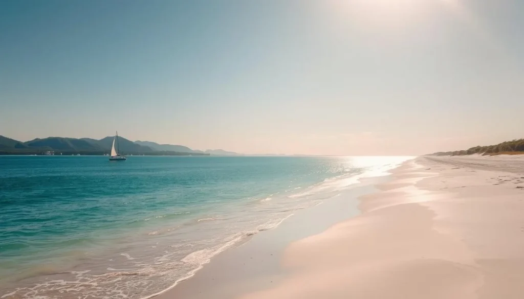 An expansive coastline of pristine white sands, gently lapped by the turquoise waters of the Atlantic. In the distance, rugged dunes and lush maritime forests set against a cloudless sky. A lone sailboat glides gracefully across the horizon, its sails billowing in the warm, salty breeze. Sunlight dances across the tranquil surface, casting a soft, golden glow over the entire scene. The atmosphere is one of serene tranquility, inviting exploration and discovery of this hidden gem along the North Carolina coast.