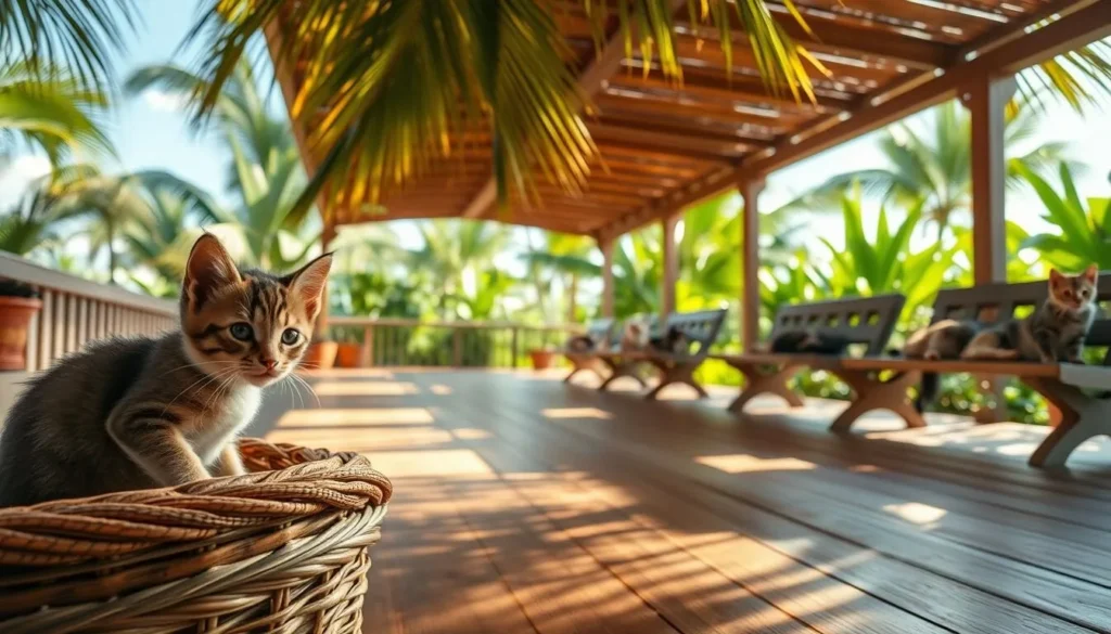 An expansive lanai, its wooden floors shaded by swaying palm fronds, plays host to a delightful feline sanctuary. Sunlight filters through the canopy, casting a warm, golden glow over the lounging cats - their sleek coats ranging from tabby to calico. In the foreground, a curious kitten peeks out from a woven basket, its playful eyes capturing the tranquil ambiance. Further back, adult cats recline on weathered benches, basking in the gentle breeze. The lush, verdant backdrop evokes the serene island setting of Lanai, Hawaii, creating a harmonious, picturesque scene that invites visitors to immerse themselves in the sanctuary's peaceful atmosphere.