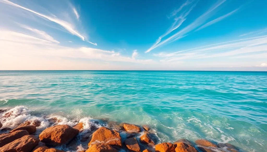 An expansive ocean panorama, azure waters gently lapping against a pristine sandy shore. In the foreground, crystalline waves cascade over sun-kissed rocks, their surfaces glistening under a warm, golden sun. Farther out, the sea gradually transitions from turquoise to deep indigo, hinting at the warmer temperatures of the tropical waters. Wispy cirrus clouds drift across a vibrant, cerulean sky, casting delicate shadows upon the tranquil surface below. The serene, inviting scene captures the ideal conditions for various water-based activities, from swimming and snorkeling to kayaking and stand-up paddleboarding.