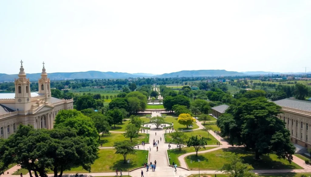 An expansive, picturesque view of Ahmadu Bello University campus in Zaria, Nigeria on a pleasant day. A grand, neo-colonial architecture dominates the foreground, with towering spires and ornate facades in muted tones. In the middle ground, lush, verdant trees and manicured lawns create a serene, park-like atmosphere. Students stroll along meandering paths, enjoying the tranquil ambiance. The background features rolling hills and a clear, azure sky, creating a sense of openness and tranquility. Capture this scene with a wide-angle lens to convey the scale and grandeur of the educational institution.