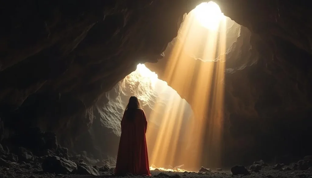 An expansive underground cavern, sunlight filtering through the natural openings, illuminating the rugged volcanic walls. Princess Ruth, a figure of reverence, stands solemnly, her regal robes billowing, as she gazes upon the sacred site. Pele's presence is felt in the warm, ethereal glow that permeates the space, a testament to the intertwined legends of this Hawaiian wonder. The composition captures the grandeur and mysticism of Kaumana Caves, inviting the viewer to explore its rich history and the enduring spirit of the land.