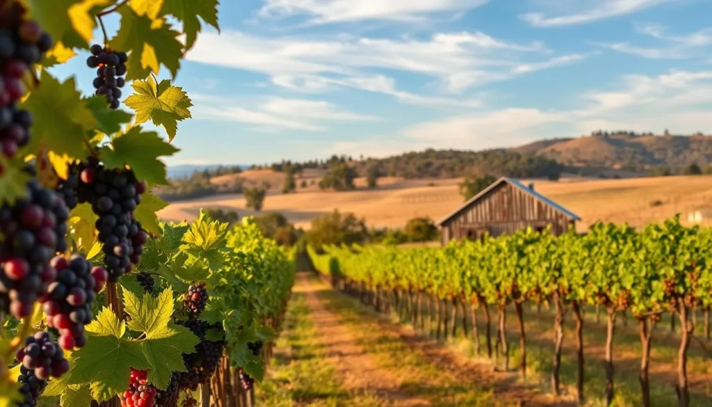 An expansive vineyard with rows of lush grapevines, their leaves gently swaying in the warm breeze. In the foreground, clusters of vibrant grapes in hues of deep purple, crimson, and golden yellow. The mid-ground showcases a rustic, weathered barn nestled among the vines, its wooden facade basking in the soft, golden light of the afternoon sun. In the distance, rolling hills dotted with oak trees create a picturesque backdrop, the sky a tranquil blue with wispy clouds drifting overhead. The scene evokes the essence of Lodi's renowned wine country, a harmonious blend of natural beauty and winemaking tradition.