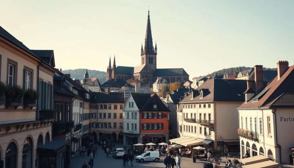 An idyllic cityscape of St. Gallen, Switzerland on a pleasant sunny day. Capture the historic architecture of the Old Town, with its charming medieval buildings, cobblestone streets, and bustling market squares. Depict the magnificent Cathedral of St. Gallen towering over the rooftops, its ornate spires and façade bathed in warm golden light. In the foreground, showcase the lively pedestrian activity - locals and tourists alike strolling, shopping, and dining al fresco at quaint cafes. Render the scene with a romantic, nostalgic mood, conveying the timeless allure and tranquil atmosphere of this picturesque Swiss city.