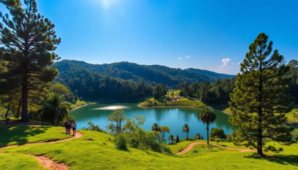 An idyllic day in Kirirom National Park, Cambodia. Lush green hills and towering pine trees frame a serene lake, its glassy surface reflecting the azure sky above. Hikers explore winding trails, discovering hidden waterfalls and ancient temples. Sunlight filters through the canopy, casting a warm glow over the scene. In the distance, a campsite nestled among the trees, inviting visitors to experience the tranquility of an overnight stay. The park's natural beauty and tranquil atmosphere create a perfect day trip or extended getaway, capturing the essence of Kirirom's allure.