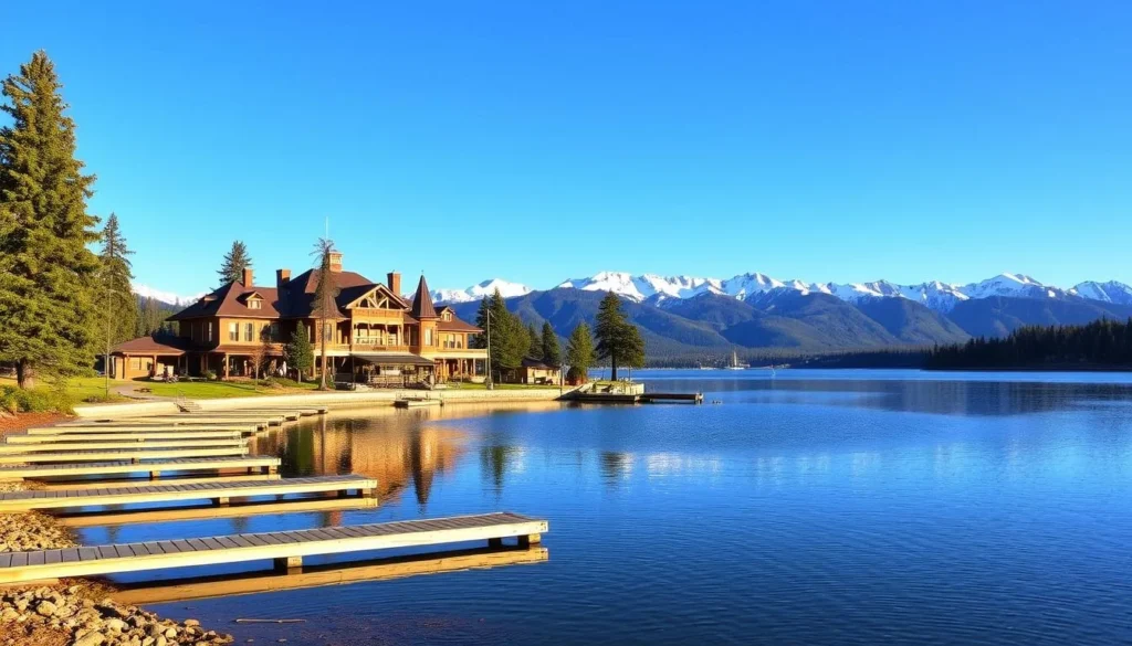 An idyllic historic site nestled amidst the majestic Lake Tahoe Basin mountains. A grand Victorian-style lodge overlooks a serene alpine lake, its reflection shimmering in the warm afternoon light. Wooden docks and old-growth pines line the shore, inviting visitors to step back in time. In the distance, snow-capped peaks rise against a brilliant blue sky, casting long shadows over the peaceful scene. The site exudes a sense of tranquility and timeless beauty, perfectly capturing the essence of Lake Tahoe's rich heritage.