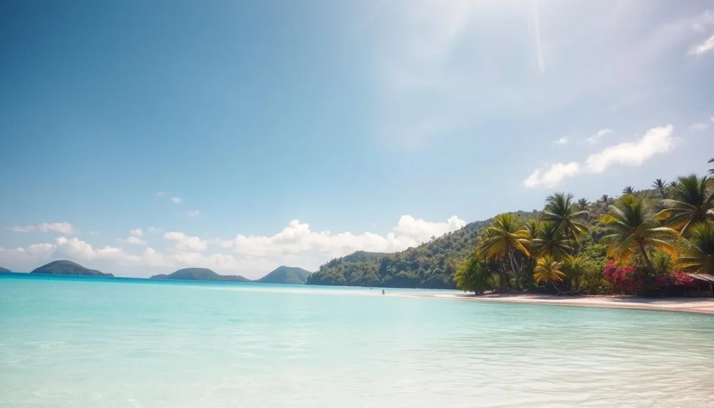 An idyllic island scene under a bright, sun-dappled sky. In the foreground, a tranquil turquoise lagoon laps at a pristine white sand beach, fringed by swaying palm trees. In the middle ground, lush, verdant hills rise up, dotted with colorful tropical flora. Distant islands peek out through wispy clouds on the horizon, hazy in the warm, humid air. Soft, diffused natural lighting illuminates the scene, creating a sense of warmth and serenity. The overall mood is one of peaceful island bliss, perfect for a weather-savvy island hopping adventure.