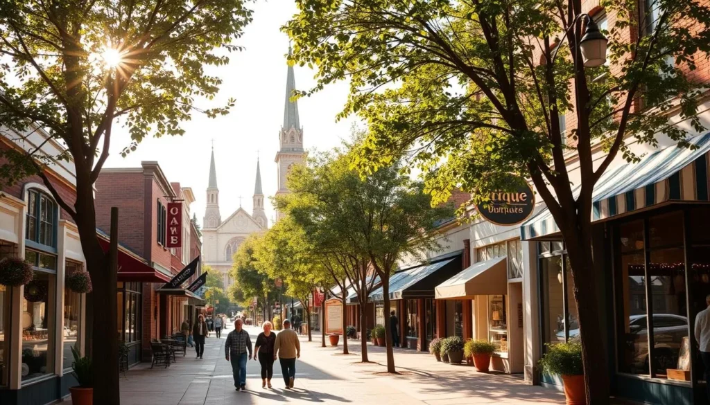 An idyllic main street in a quaint Midwest town, with a row of charming boutique shops lining the sidewalk. Sunlight filters through the leafy trees, casting a warm, golden glow over the scene. Colorful awnings and window displays beckon passersby, hinting at the unique treasures waiting inside each store. A mix of traditional and modern architectural styles creates a visually appealing streetscape. Pedestrians stroll leisurely, enjoying the small-town ambiance. In the distance, church steeples and historic buildings add to the picturesque quality of the setting. The overall mood is one of tranquility and inviting exploration.