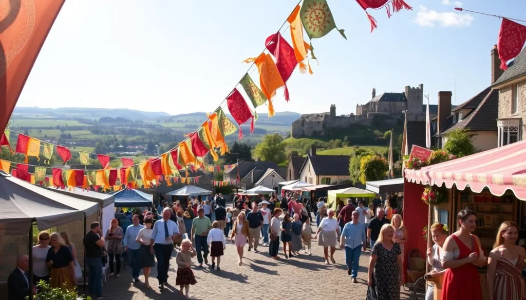 An idyllic scene of a seasonal festival guide, captured on a sun-dappled day. In the foreground, an array of vibrant, hand-crafted festival banners flutter gently in a soft breeze, inviting visitors to explore the delights within. In the middle ground, a bustling crowd strolls through a lively marketplace, browsing an array of local artisanal goods and enjoying traditional music and dance performances. In the background, a picturesque landscape unfolds, with rolling hills, charming cottages, and a glimpse of a historic castle in the distance, all bathed in the warm glow of an afternoon sun. The overall atmosphere conveys a sense of joy, community, and the celebration of local culture and heritage.