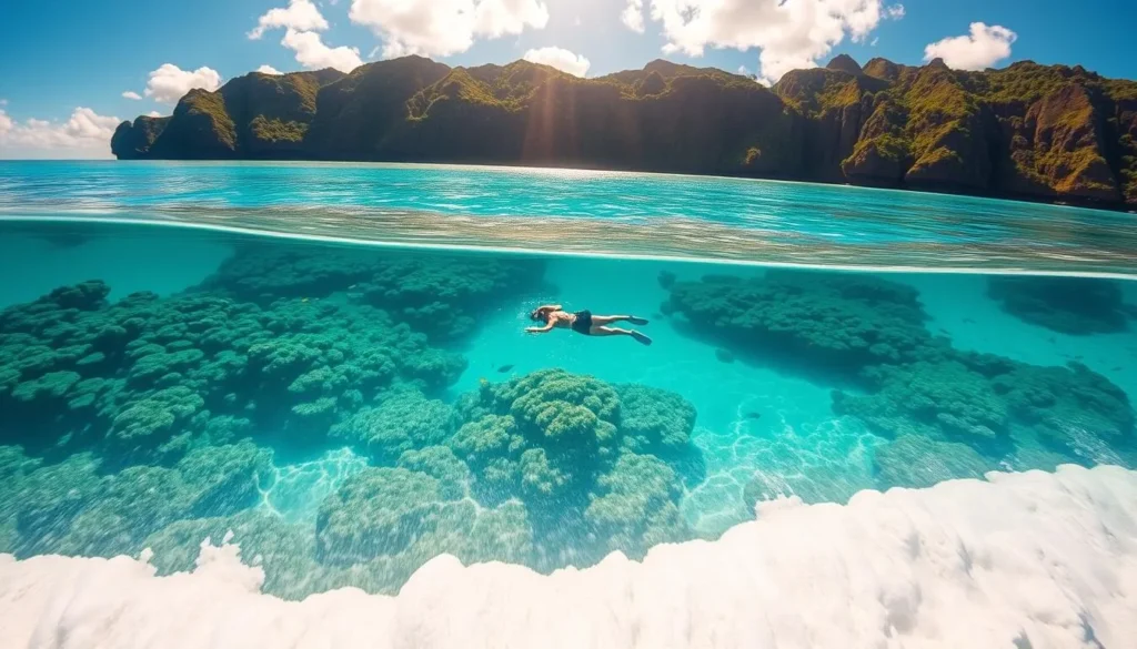 An idyllic seascape of Fatu Hiva Island in French Polynesia. A crystal-clear turquoise lagoon shimmers under a bright sun, fringed by vibrant coral reefs and lush, verdant cliffs. A snorkeler gracefully glides through the warm waters, marveling at the kaleidoscope of tropical fish darting among the vibrant marine life. Soft waves gently lap at the white sandy beach in the foreground, evoking a sense of tranquility and pure relaxation. The scene is bathed in a warm, golden light, creating a serene and inviting atmosphere perfect for water enthusiasts to immerse themselves in the natural beauty of this Pacific paradise.