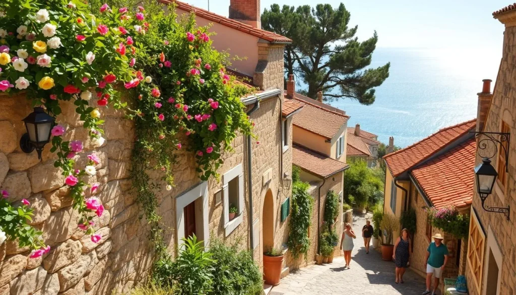 An idyllic spring day in the quaint village of Èze, France. Vibrant flowers cascade down the stone walls, their fragrance carried on a gentle breeze. Sunlight dances across the terracotta rooftops, casting warm shadows on the narrow, winding streets. In the distance, the shimmering Mediterranean Sea provides a breathtaking backdrop. Locals and visitors alike stroll leisurely, admiring the charming architecture and taking in the picturesque views. This serene and picturesque scene captures the perfect weather-savvy time to visit Èze, a medieval hilltop town that offers a captivating blend of history, natural beauty, and tranquility.