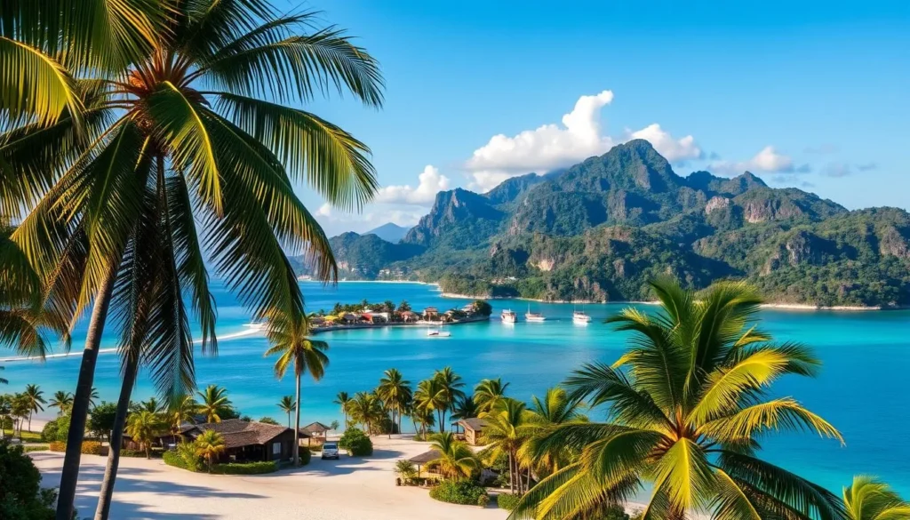 An idyllic tropical island paradise, Con Son Island rises from the azure waters of the East Sea, its lush jungle-clad slopes cascading down to white sandy beaches. In the foreground, sun-dappled palms sway gently in the breeze, casting dappled shadows on the pristine shoreline. The middle ground reveals a quaint fishing village, its traditional wooden houses and boats reflecting in the calm, mirror-like sea. In the distance, the island's rugged, forested peaks tower majestically, their summits shrouded in wispy clouds. Warm, golden sunlight bathes the scene, creating a serene, postcard-perfect atmosphere. Capture the essence of this tropical paradise, showcasing its natural beauty and tranquil ambiance.