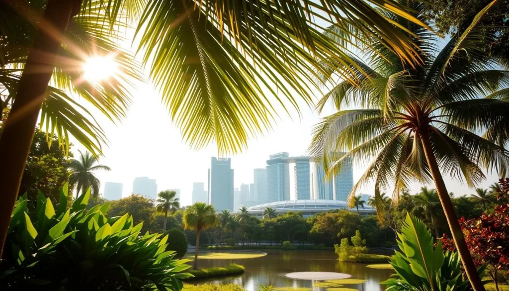 An idyllic tropical landscape, bathed in warm, golden sunlight filtering through swaying palm fronds. In the foreground, lush, verdant foliage casts soft, dappled shadows across a serene, mirror-like pond. The middle ground features sleek, modern high-rises and skyscrapers, a testament to Singapore's vibrant urban development, while the background showcases a hazy, blue-tinged horizon, hinting at the city's proximity to the sea. The overall atmosphere is one of tranquility and harmony, capturing the essence of Singapore's welcoming, tropical climate.
