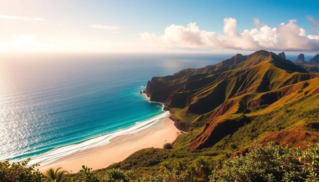 An idyllic tropical landscape with the Kalaupapa Peninsula as the centerpiece. Capture the lush, verdant hills and dramatic cliffs descending into the azure waters of the Pacific Ocean. Sunlight filters through wispy clouds, casting a warm, golden glow over the scene. In the foreground, a pristine white sand beach invites exploration, while in the distance, the silhouettes of rugged sea stacks punctuate the horizon. The overall mood is one of tranquility and wonder, perfectly encapsulating the beauty and serenity of this remote Hawaiian paradise.