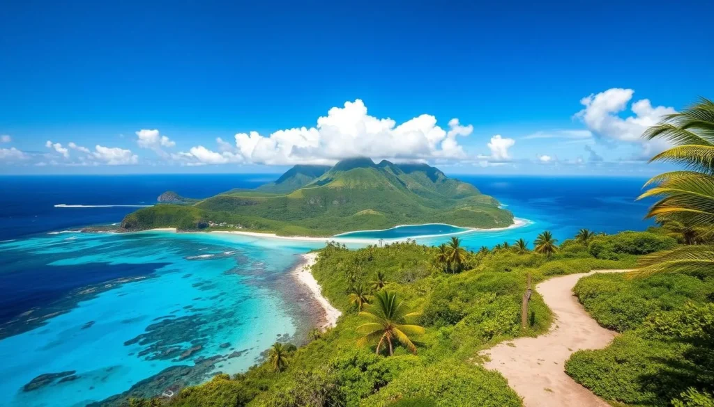 An idyllic tropical paradise in the South Pacific, Pitcairn Island emerges from the deep azure waters, its lush verdant slopes cascading down to pristine white-sand beaches. A sun-dappled coastal path winds through verdant palm groves, offering breathtaking vistas of the island's dramatic volcanic cliffs and the shimmering ocean beyond. In the foreground, a crystal-clear lagoon reflects the vibrant hues of the sky, inviting exploration by kayak or snorkel. Fluffy white clouds drift lazily overhead, casting gentle shadows on the scene below, creating a serene and tranquil atmosphere that evokes the remote and untouched beauty of this hidden gem in the South Pacific.