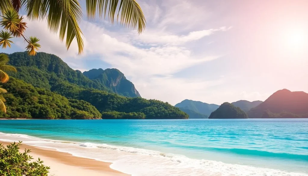 An idyllic tropical paradise, the Con Dao Islands rise majestically from the turquoise waters of the South China Sea. Lush, verdant hills dotted with palm trees frame a pristine shoreline of white sandy beaches and crystal-clear waves lapping gently against the shore. A warm, golden sun casts a gentle glow over the scene, illuminating the vibrant colors of the natural landscape. In the distance, rugged, jungle-covered peaks reach skyward, creating a stunning backdrop for this picturesque island setting. Capture the serene, unspoiled beauty of the Con Dao Archipelago in all its glory, showcasing the tranquil charm and natural splendor of this captivating Vietnamese destination.