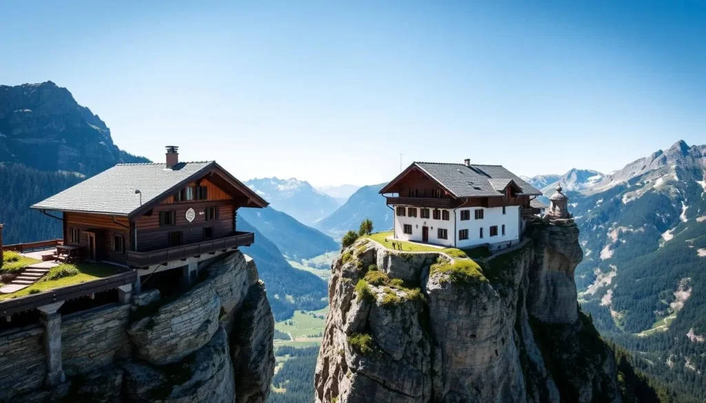 An image of Berggasthaus Aescher perched on a cliffside with a panoramic view of the mountains.