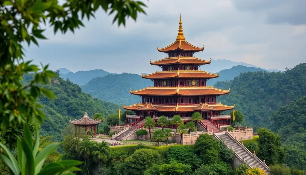 An image of Bich Dong Pagoda, a three-tiered temple complex in Ninh Bình, Vietnam.