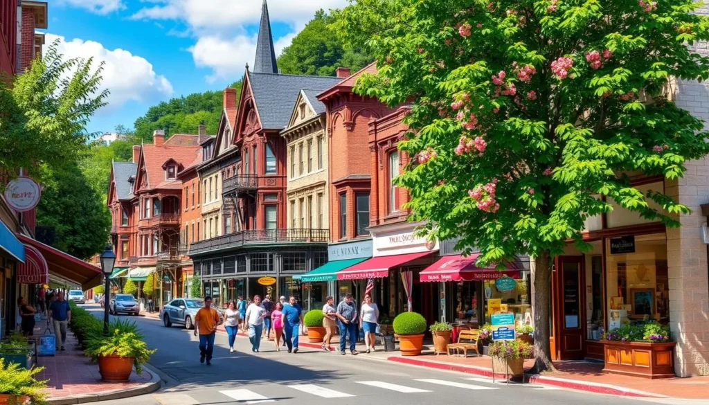 An image of Broadway Street in Jim Thorpe, showcasing its Victorian-era buildings and bustling atmosphere.