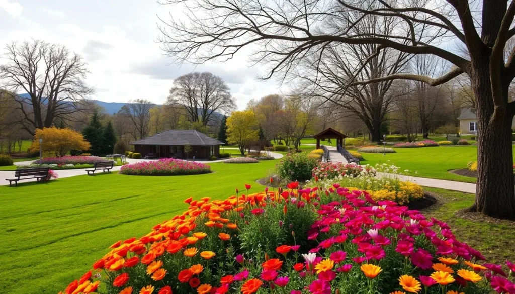 An image of Bush's Pasture Park showing its beautiful flower gardens and walking trails.