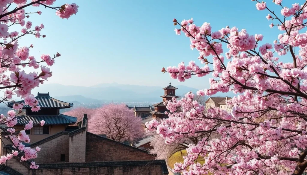 An image of Buyeo's historic landscape with blooming cherry blossoms