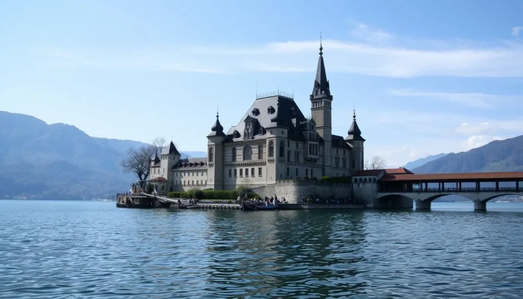 An image of Château de Chillon on the shores of Lake Geneva, with a clear view of the castle's architecture and its surroundings.