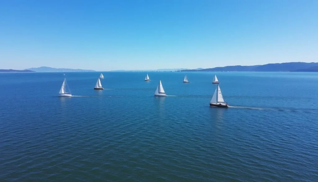 An image of Clear Lake with sailboats and a clear blue sky.