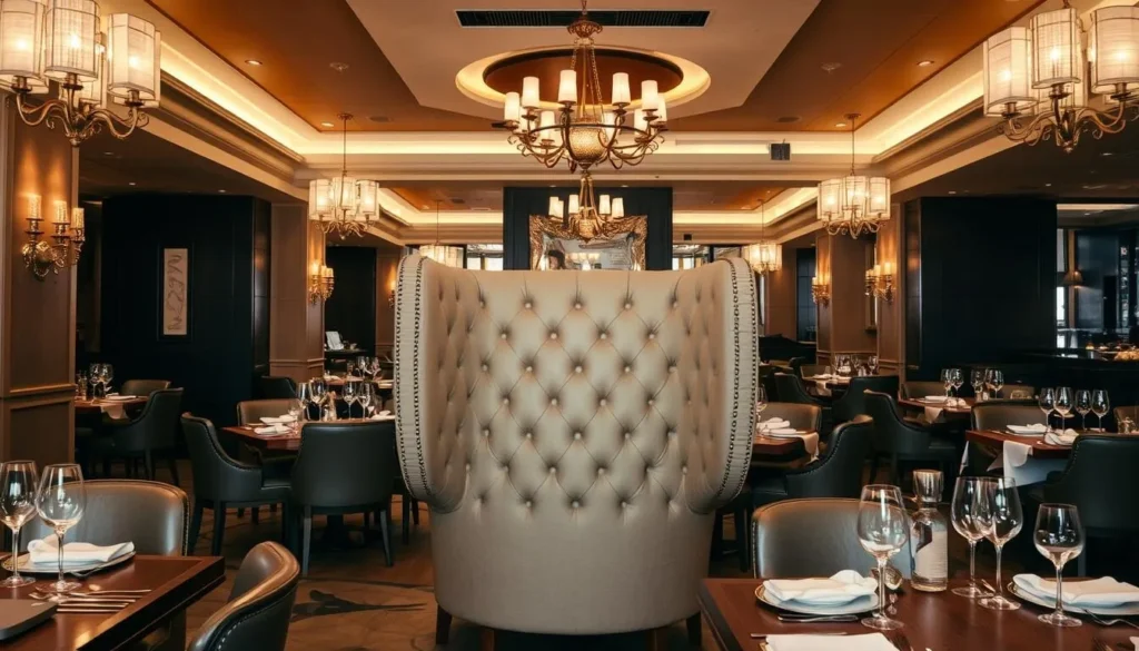 An image of Creed Upscale Bistro & Bar's elegant dining area with the famous "Creed Chair"
