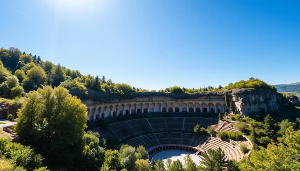 An image of Creux du Van, a natural amphitheater in the Jura Mountains, with lush greenery and a clear blue sky.
