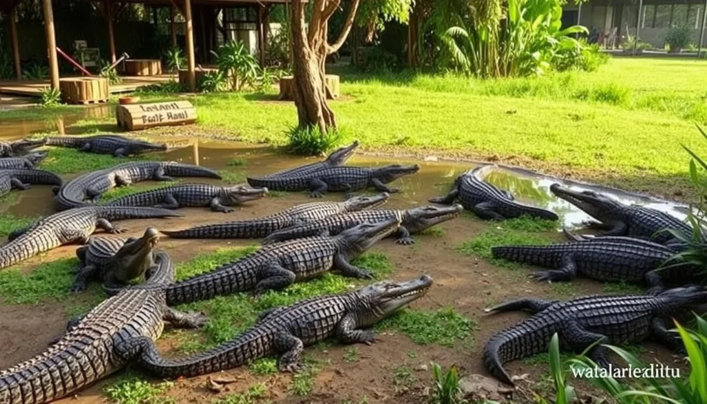 An image of Croc Farm near Ivato Airport, Antananarivo, Madagascar, showcasing various crocodiles in a natural setting.