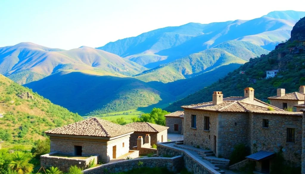 An image of Dana Village with its traditional stone houses and surrounding landscape.