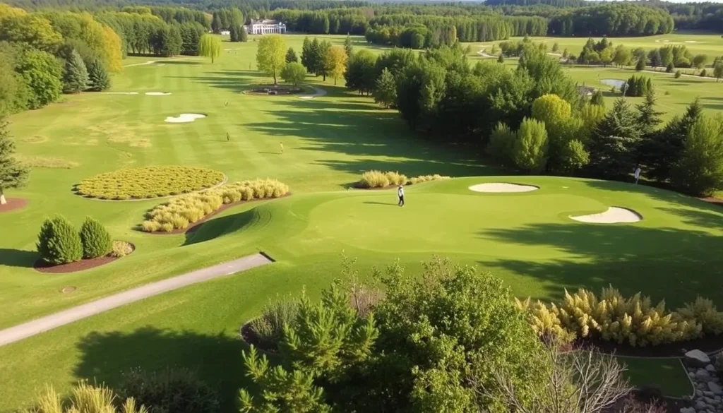 An image of Derryfield Country Club's golf course with well-manicured grounds and golfers playing.
