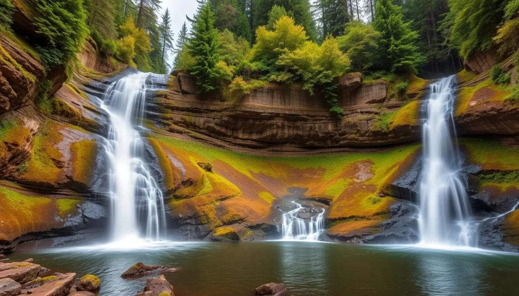 An image of Double Falls in Silver Falls State Park, Oregon, showcasing its 184-foot height and lush surroundings.