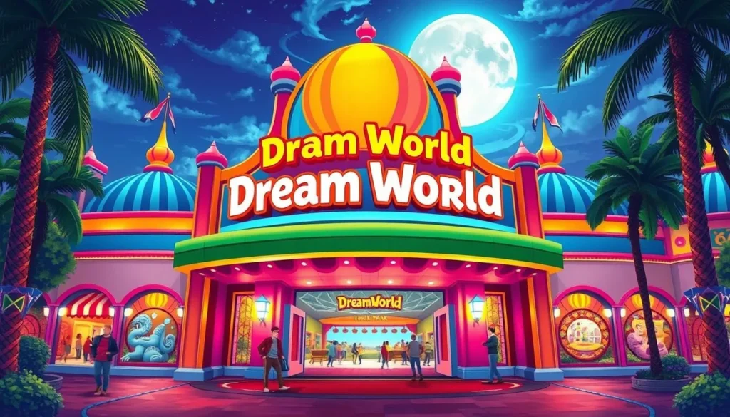 An image of Dream World Theme Park's entrance, showcasing its vibrant colors and exciting atmosphere.