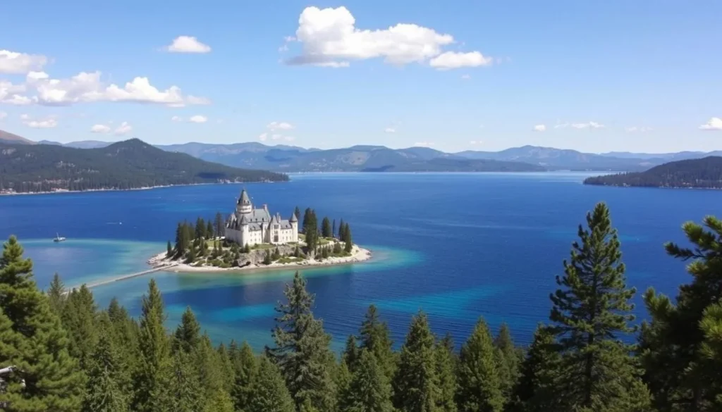 An image of Emerald Bay State Park with Vikingsholm Castle and Lake Tahoe in the background