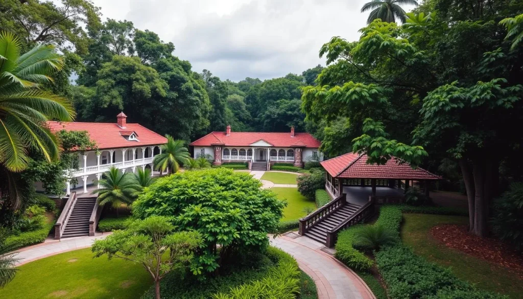 An image of Fort Canning Park with historical buildings and lush greenery