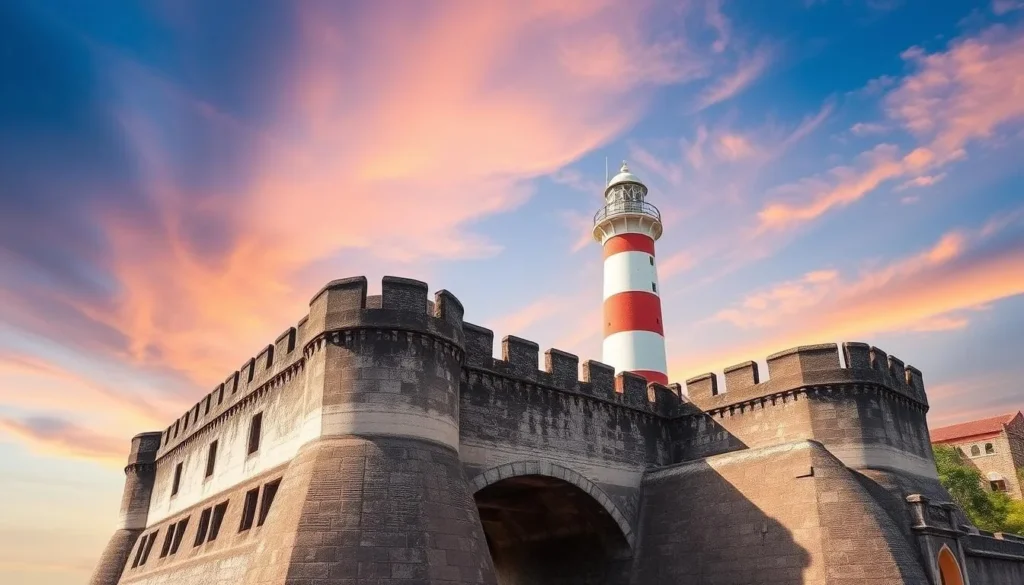 An image of Galle Fort, a well-preserved Dutch fort with ramparts and a lighthouse.